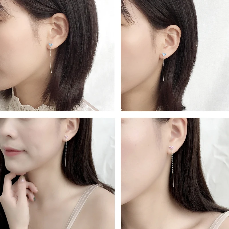 UMODE Real 925 Sterling Silver Drop Earrings for Women Fashion Tiny Heart Long Chain Dangle Earring Silver Jewelry LE0619