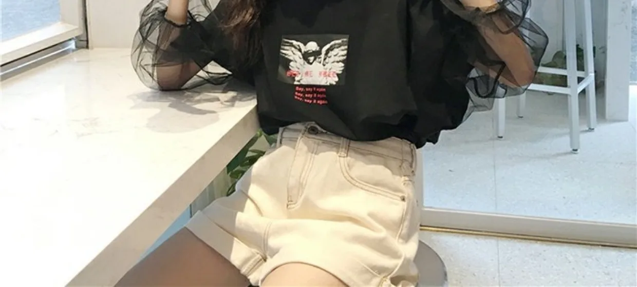 YouGeMan Весенняя летняя одежда корейская Ulzzang Harajuku печатная сетчатая Лоскутная футболка с расклешенными рукавами Женская Повседневная футболка с круглым вырезом