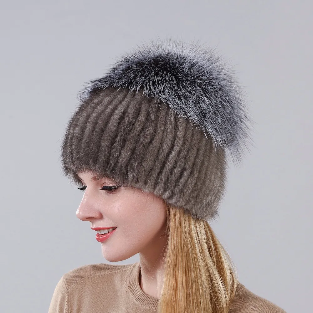 

Hot Style Female Mink Fur Cap For Women Winter Warm Hat Vertical Knitted Mink With Fluffy Silver Fox Part Less On The Top Hat