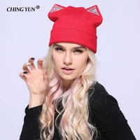 new winter women knitted hats lady warm caps sequins cat ears multicolor thicker girls cap cute fashion high quality wool hat