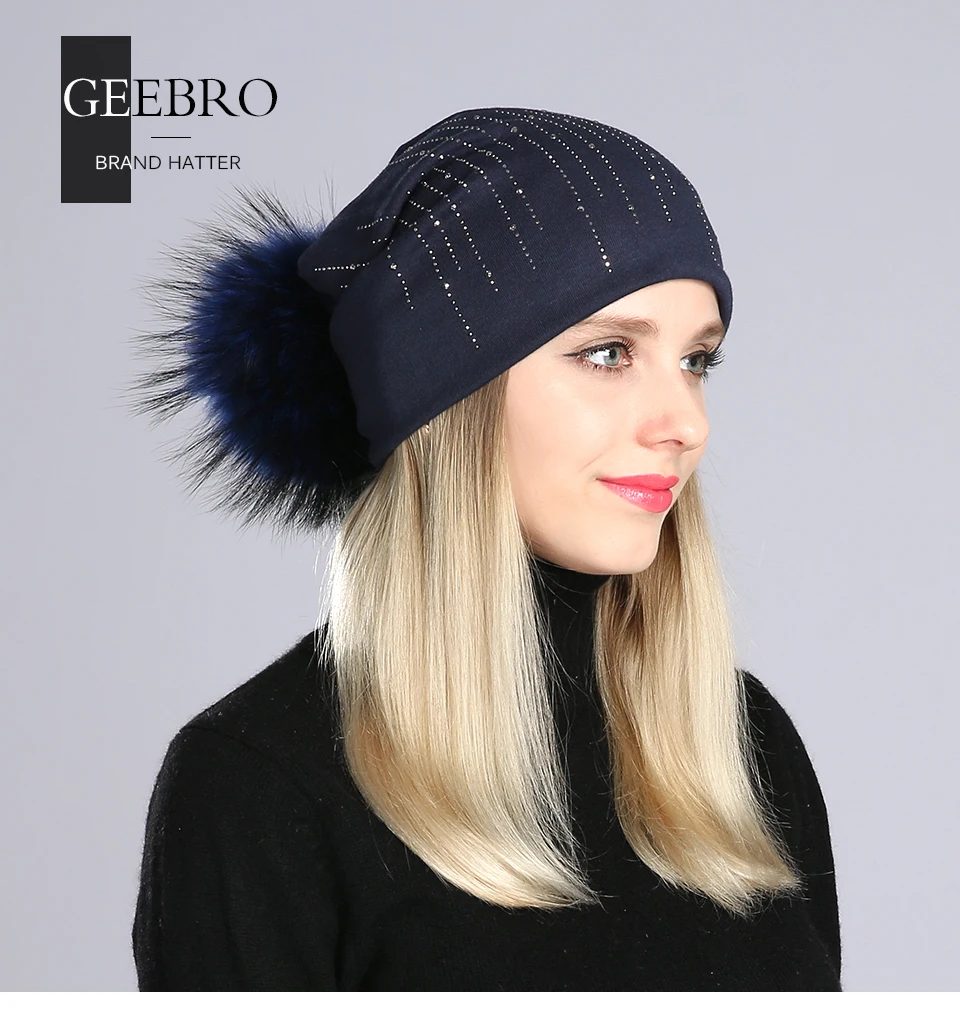 Geebro осень Для женщин круглые стразы хлопок головные уборы Beanies шапка из натурального енота помпонами из меха теплая зимняя шапка с помпоном из натурального меха