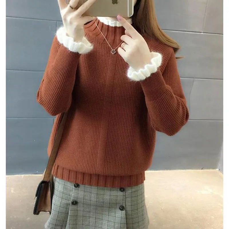 Вязаный Топ с длинным рукавом свитер женский зимний пуловер высоким воротом