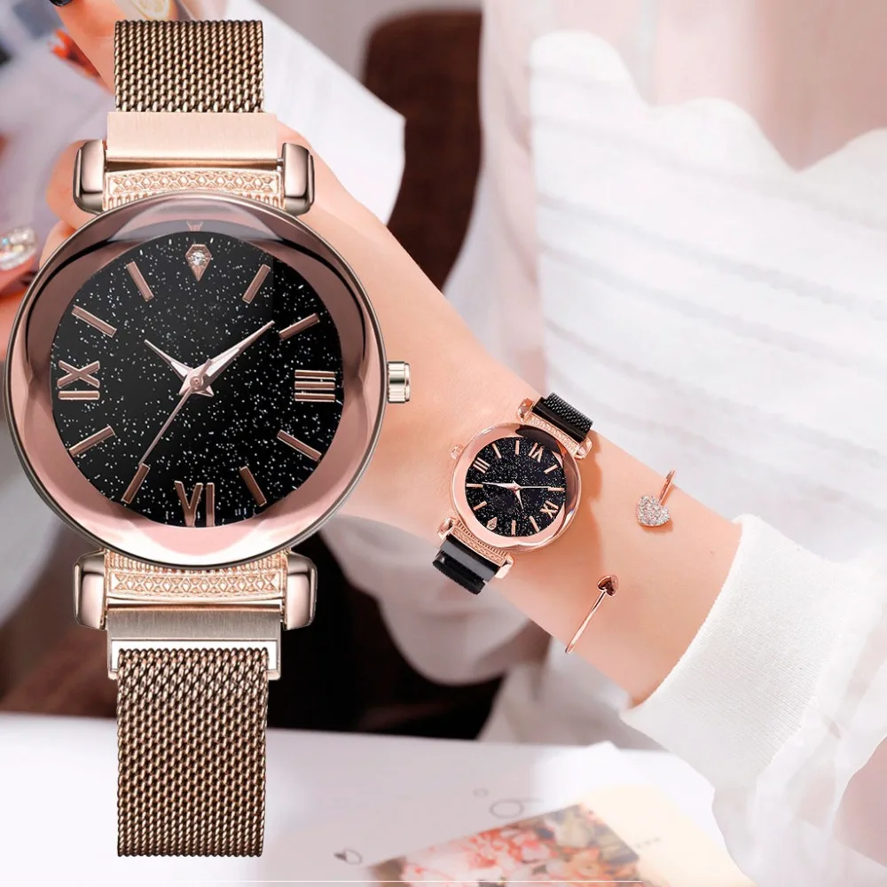 Модные звездное небо мозаика алмаз кварцевый сетчатый ремень магнитная пряжка