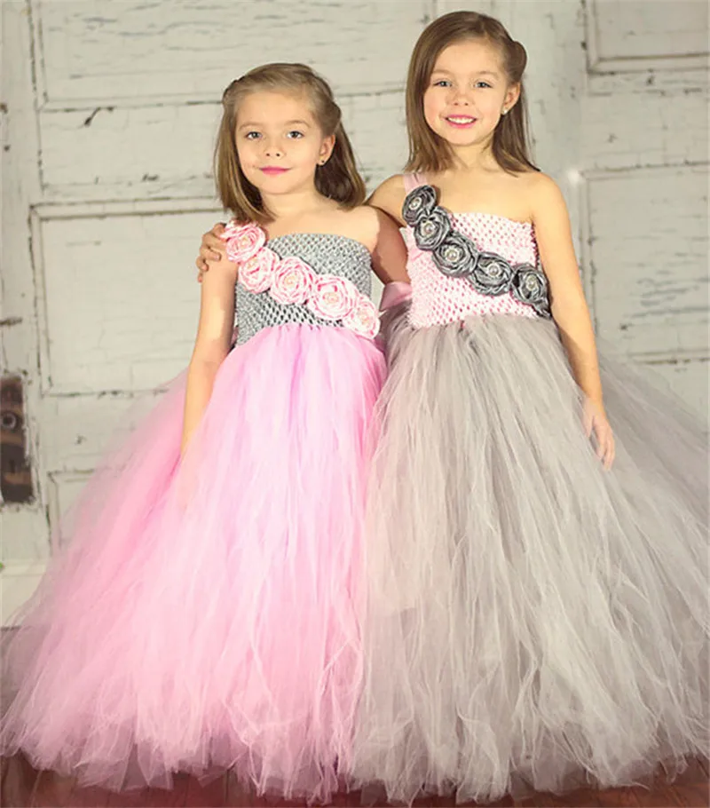 Cute Girls Grey Tulle Dress Kids Crochet Corset Long Tutu with Rose Flowers Children Wedding Party Costume Banquet Dresses | Детская
