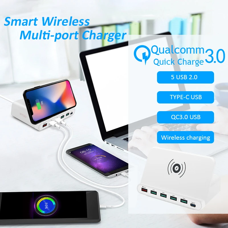 

STOD Multi USB Port Wireless Charger 60W Charging Station Quick Charge 3.0 Holder For iPhone X Samsung Huawei Nexus Mi Adapter