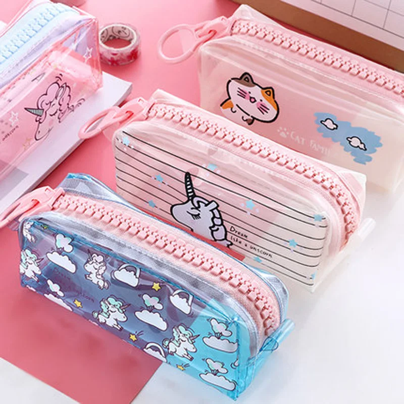 Креативный чехол для карандашей с большой молнией Kawaii, Большая вместительная сумка для карандашей из ПВХ, прозрачная коробка для карандашей kawaii, школьные канцелярские принадлежности