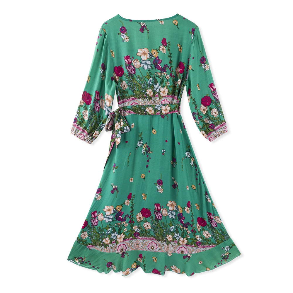 Neatie kiddie Women Sexy Print V-neck Midi Dress Three Quarter Sleeve Beach Style Casual A-line Female Vestidos | Женская одежда