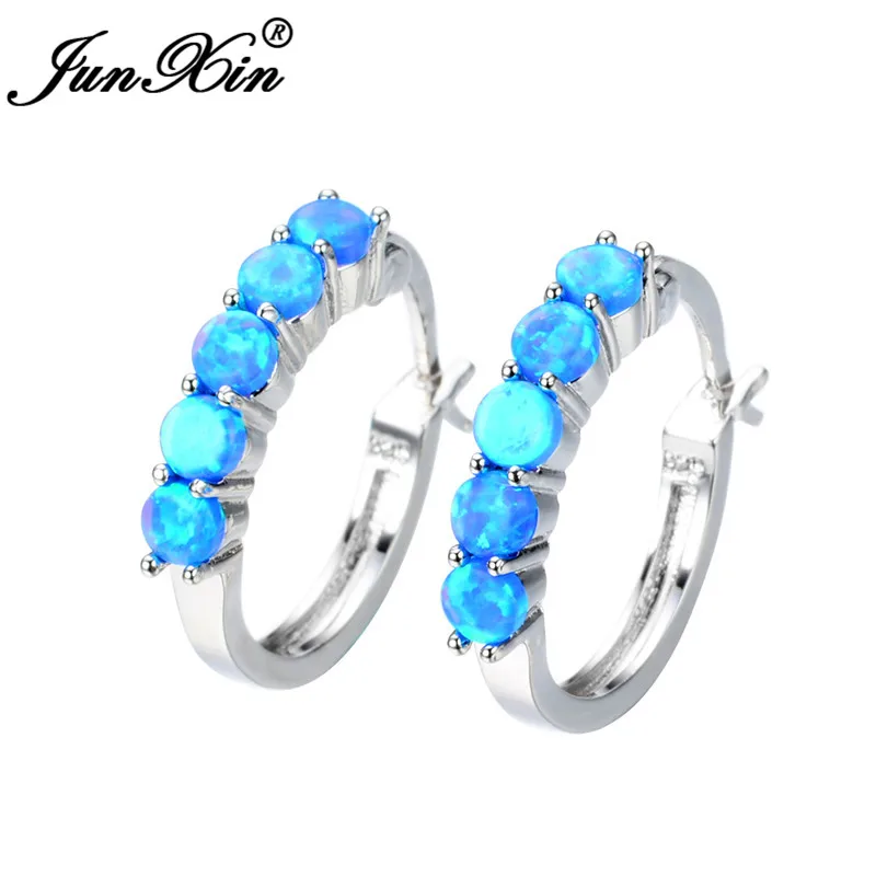 Silver Blue Opal JUNXIN однорядные синие белые огненные опаловые серьги 925 серебро однотонный цвет розовое золото Радужный камень Круглый обруч серьги для женщин - Окраска металла: Silver Blue Opal