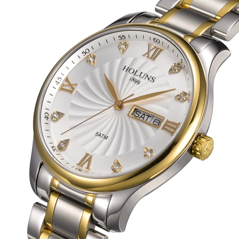 Часы Holuns мужские кварцевые со стразами из нержавеющей стали роскошные золотые