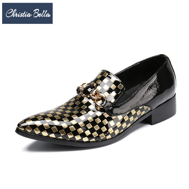 

Christia Bella Luxury Gold Plaid Men Shoes Plus Size Genuine Leather Wedding Prom Men Dress Shoes Business Formal Shoes Footwear