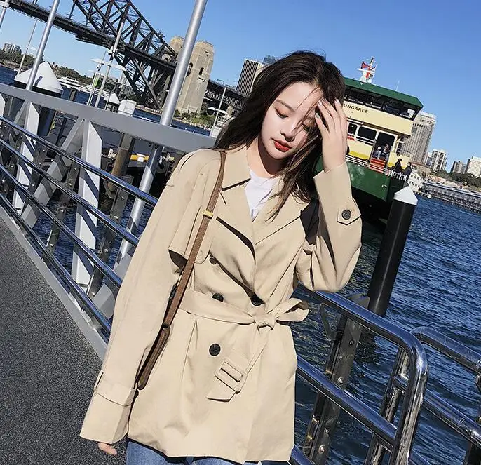 

2018 autumn ladies loose waist belt jacket large size long sleeve short coat