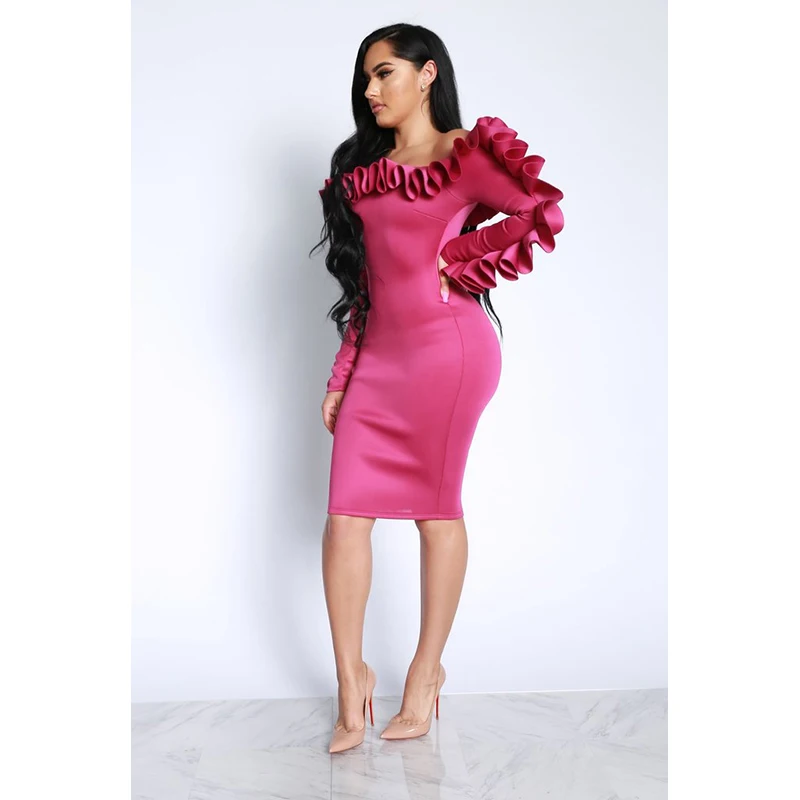 Для женщин Chic оборками с плеча Bodycon платье сексуальная Slash шеи Обёрточная бумага