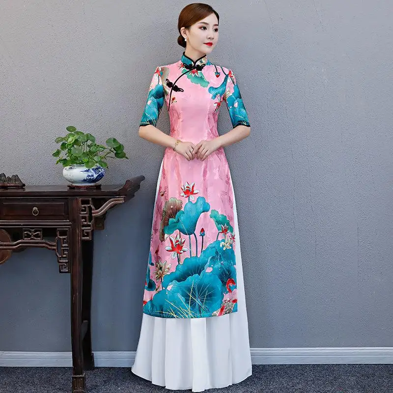 AO Dai, длинное традиционное китайское платье Ципао, вечерние платья, Восточное женское элегантное вечернее платье, Vestido размера плюс S-5XL - Цвет: Розовый