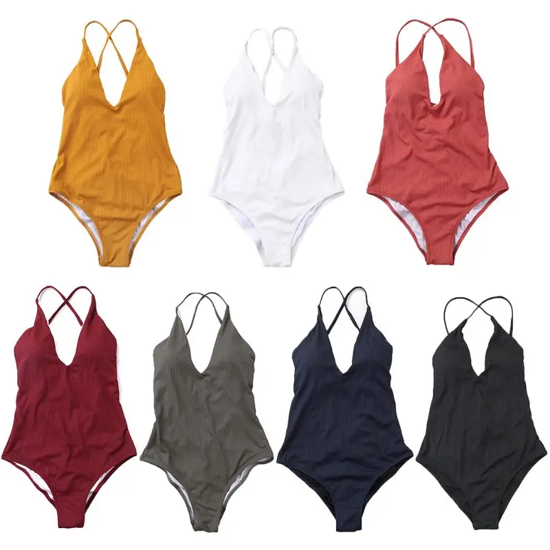 Women One Piece Bikini Plunging V-Neck Backless Monokini Hollow Out Cross Bandage Back Swimsuit Solid Color Thread Stripes Ruche | Женская