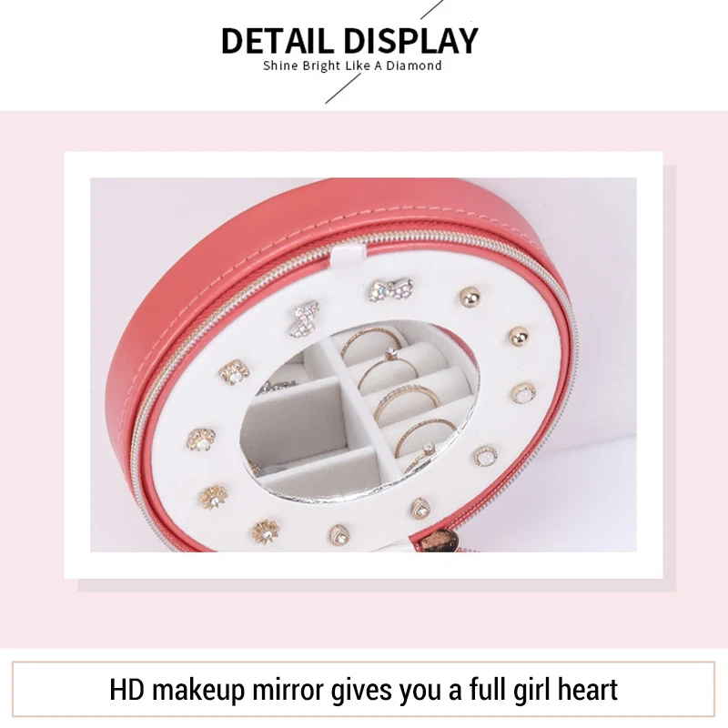 Portable Round Jewelry Box Travel Zipper PU Leather Jewellery Packaging Display Organizer Gift Box Earring Storage Carrying Case