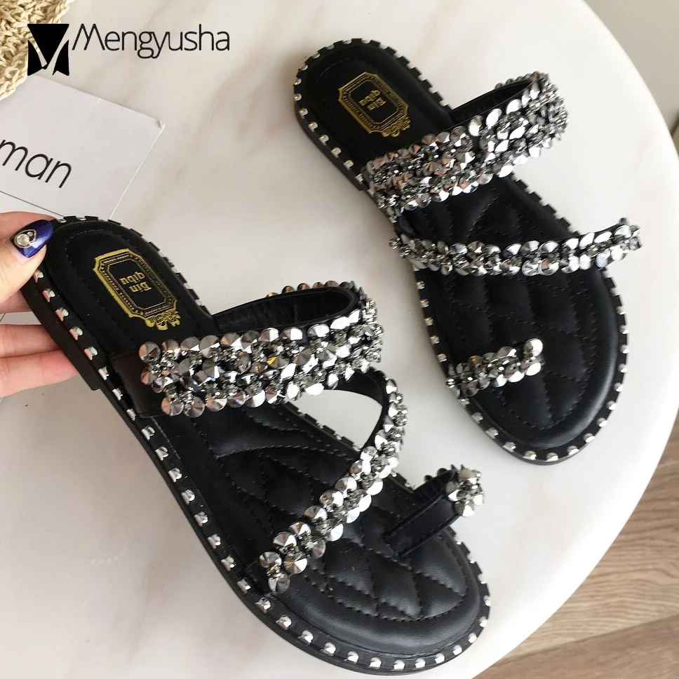 Шикарные женские шлепанцы на ремешке с кристаллами сандалии гладиаторы узкими
