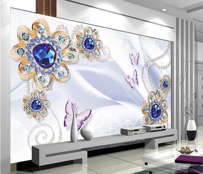 3D wall MuralsBlue crystal Flower Glitter 3d Wallpaper mural 3d photo wall Mural for Living Room 8d Mural