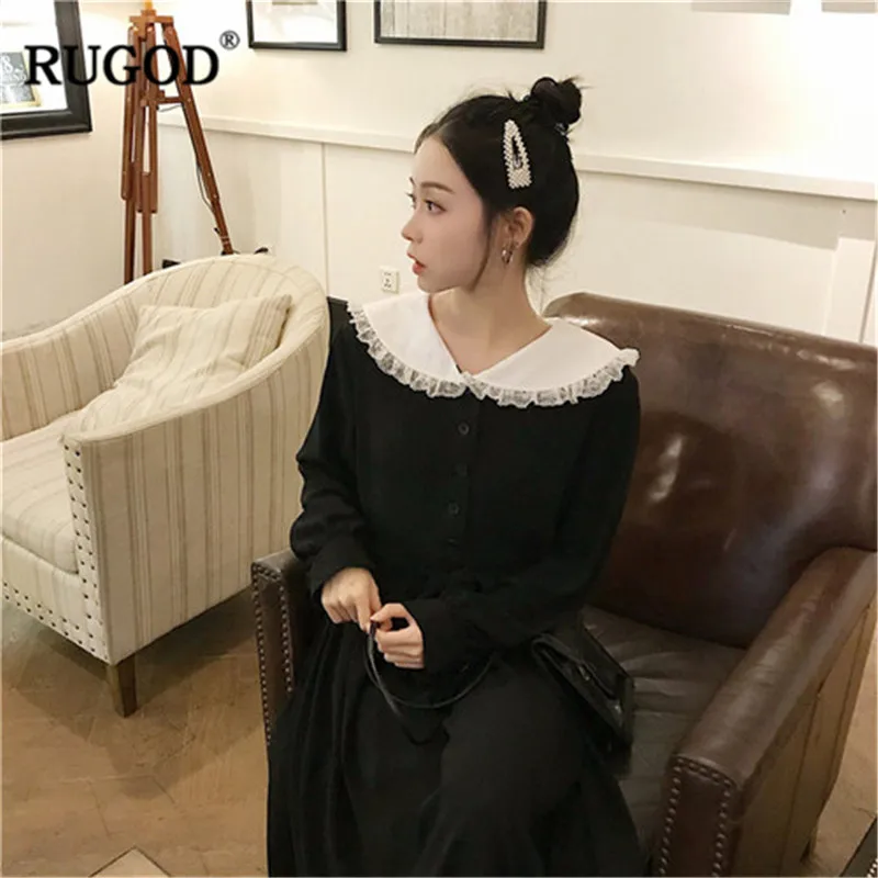 RUGOD 2019 Новое Женское платье лоскутное кружево край воротник черный с длинными