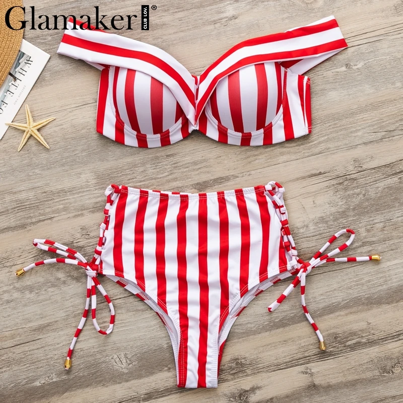 Glamaker, полосатый купальник с открытыми плечами, женский, на шнуровке, купальный костюм, купальник, летний, из двух частей, костюм, сексуальный, высокая талия, пуш-ап, бикини - Цвет: Красный