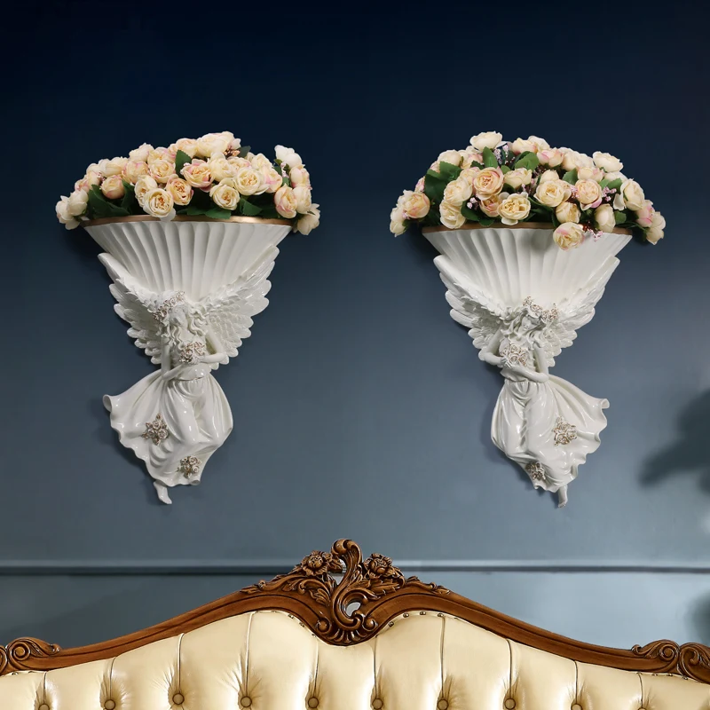 

European Resin Angel Wall Hanging Vase+Fake Flower Wall Mural Decoartion Home Livingroom Bedroom Fake Flower Pot Ornaments Craft