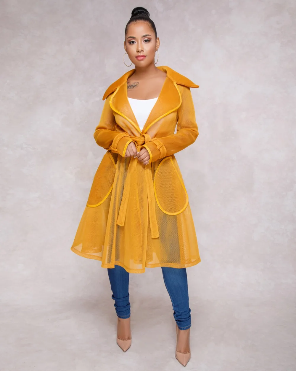 2019 осенне-зимнее женское длинное пальто из прозрачной сетки с карманом длинный