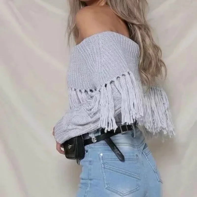 Sexy Women Slash-Neck Tassels Sweater Off the shoulder Fringed Pullover Knitted Shirt Long Sleeved High Waist Tops 2018 New | Женская