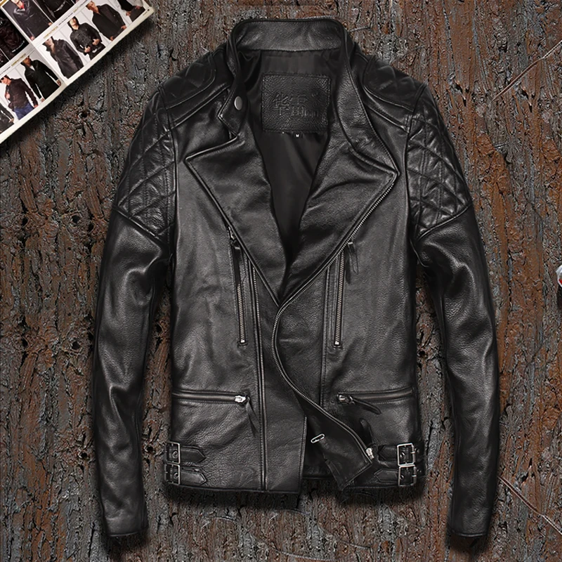 

Free Shipping Cowhide Genuine Leather Jacket Short Black Biker Coats Fitting Motorcycle Leather Jackets Mens Casual Coat