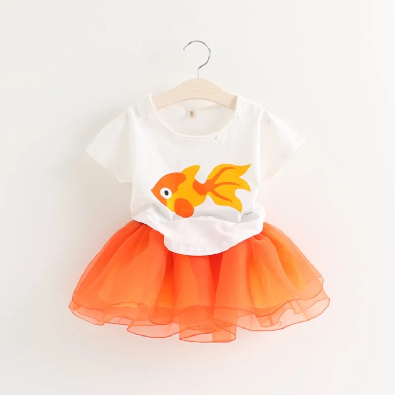 Луна утро девочек устанавливает 3 т ~ 10 хлопка рыбы футболка + юбка 2 шт. лето