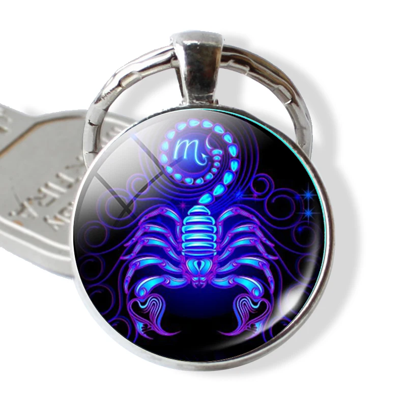 Scorpio 12 Созвездие Лев Дева брелки стеклянный кабошон кулон знак зодиака брелоки Серебряный мешок кулон брелок Подарочный на день рождение - Цвет: Scorpio