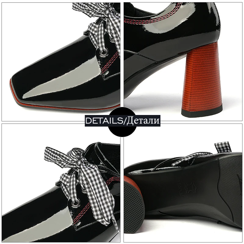 ISNOM Patent Leather Pumps Women High Heels Stripe Pumps Plaid Cross Tied Shoes Female Square Toe Party Shoes Autumn New