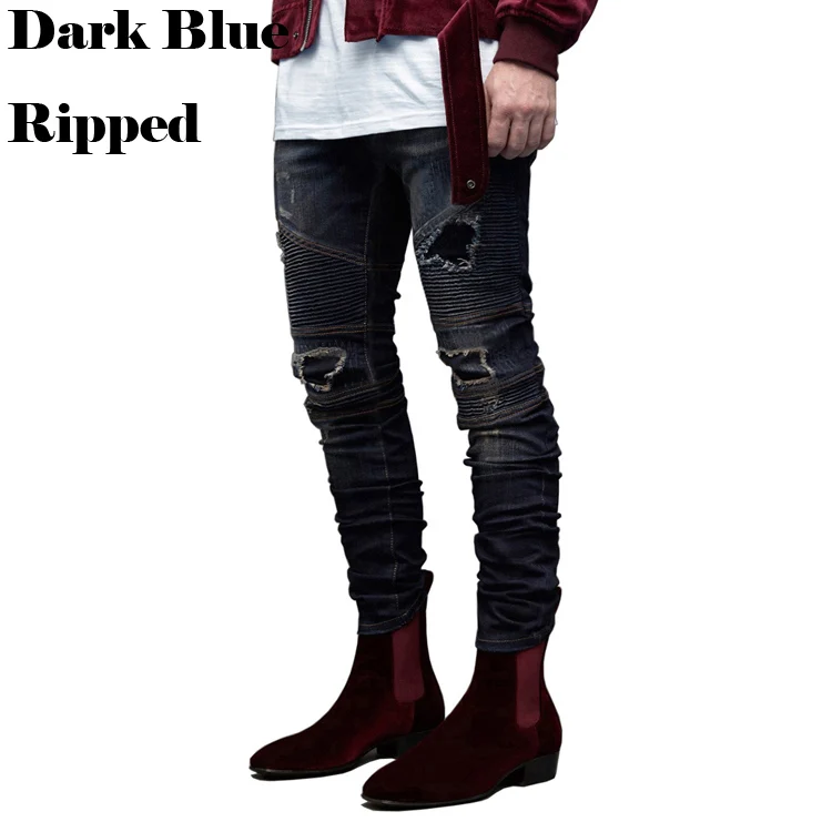 Dark Blue Ripped Мужские рваные байкерские рваные джинсы, модные повседневные джинсы, Осень-зима, новые узкие обтягивающие джинсы - Цвет: Dark Blue Ripped