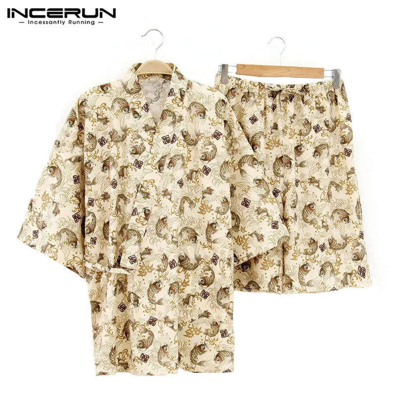 Beige INCERUN пижамный комплект для мужчин с принтом японское кимоно удобные с короткими рукавами Топы Шорты Мужские комплекты для сна для отдыха Домашняя одежда - Цвет: Beige