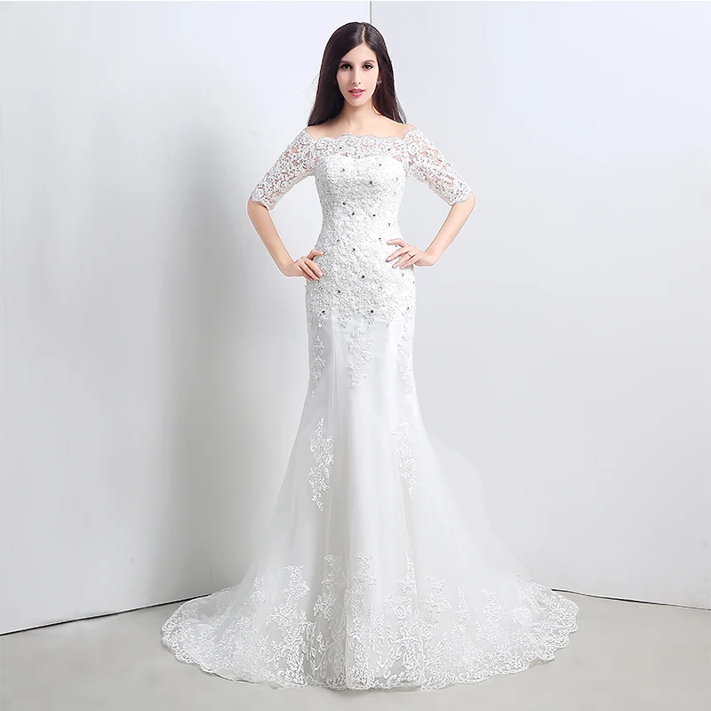Vintage Mermaid Wedding Dresses Boat Neck Off The Shoulder Illusion Half Sleeves Appliques Diamonds robe de soiree Gowns | Свадьбы и