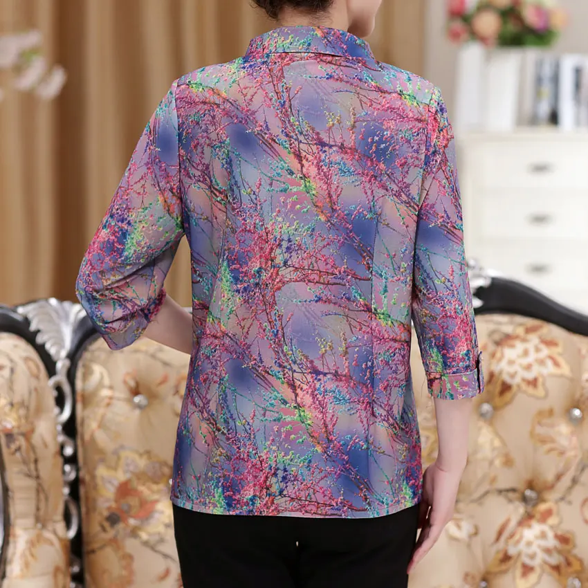 Women Floral Print Blouse Tops Mid Aged Summer Shirt Clothing Casual Three Quarter Sleeve Polyester Silk Loose Shirts Plus Size |