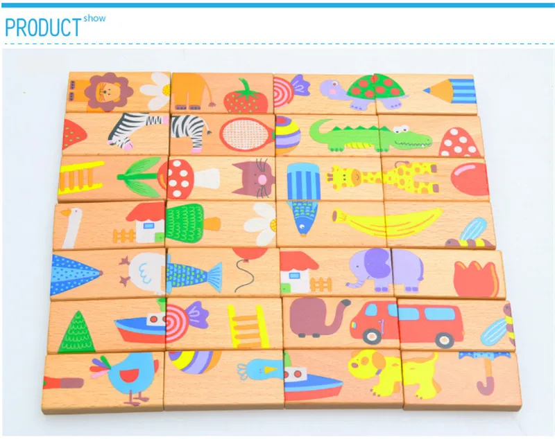 Cute 28pcs/set baby Wooden Dominoes Block Cartoon Animal Colored Jigsaw Tangram children Educational Toys for child domino game