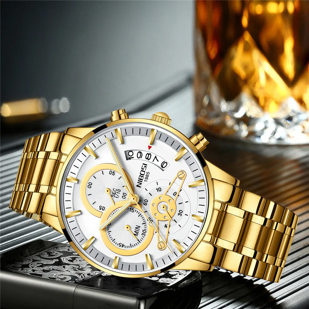 Мужские кварцевые часы NIBOSI спортивные водонепроницаемые полностью стальные