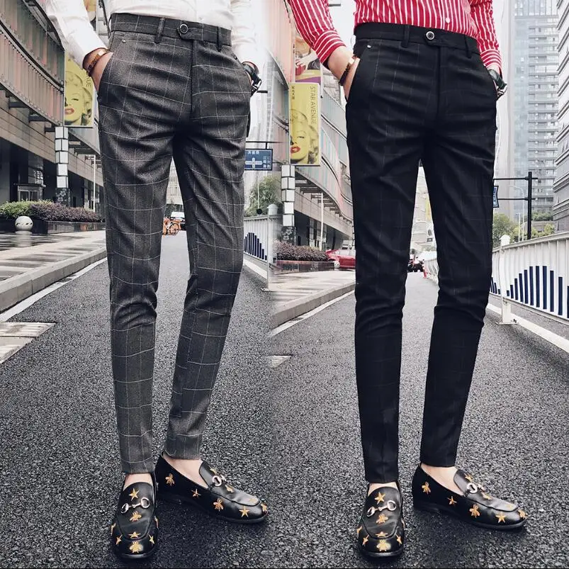 Sunwang зима толстые костюм брюки Для мужчин Slim Fit Мода платье в клетку штаны