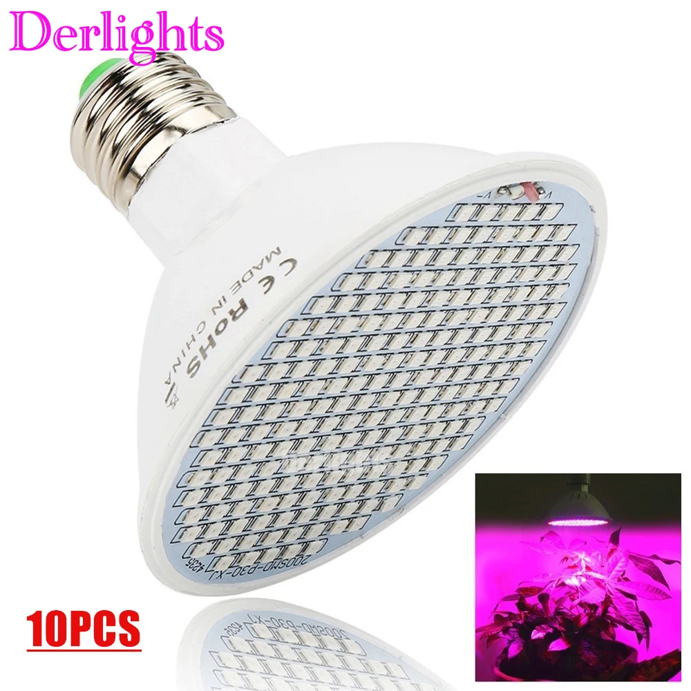 10pcs/Lot 200 LED Grow Light E27 85-265V Full Spectrum Plant Lamp for Indoor Plant Greenhouse Hydroponics Flowers Vegs Wholesale