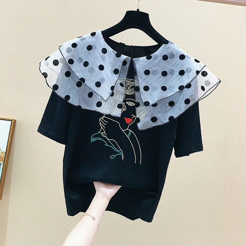 

Summer New Fashion Women Casual Double-layer Dot Collar T-Shirt Girls Students Pullover Tee Tops A1281