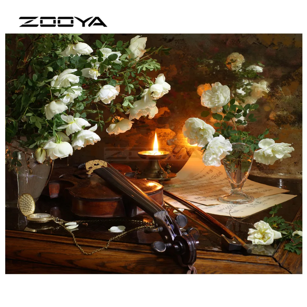 ZOOYA Алмазная вышивка сделай сам алмазная живопись белый цветок скрипка и свеча