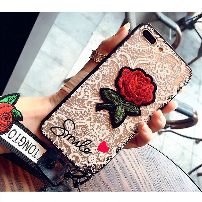 Красивый модный сексуальный 3D чехол с цветком розы для iPhone 6 6s 7 8 Plus X женский кружевной задний Чехол чехол для iPhone 5 5S SE с ремешком