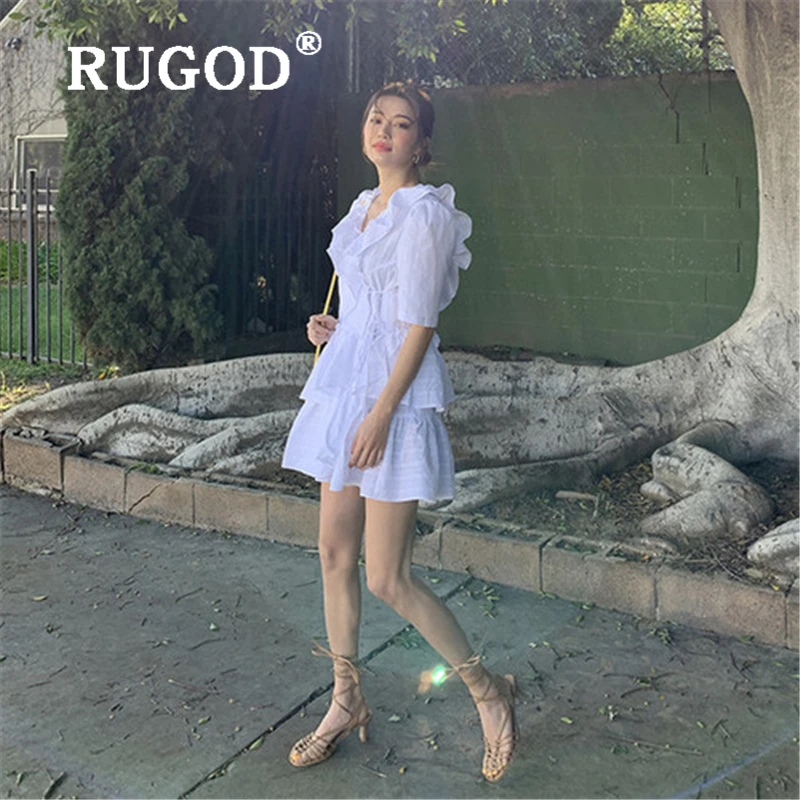 RUGOD корейское белое кружевное женское платье с оборками Элегантное летнее