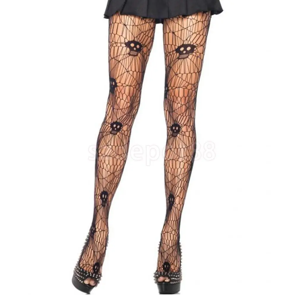 Gothic Rockabilly Ladies Skull Fishnet Stockings Halloween Party Costume Hold Up Fancy Dress | Тематическая одежда и