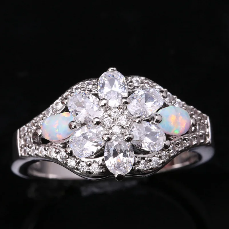 

Unique Ring Blossom White Fire Opal Solitaire Silver Plated Argent Jewelry Us# Size 6 7 8 9 SF1297
