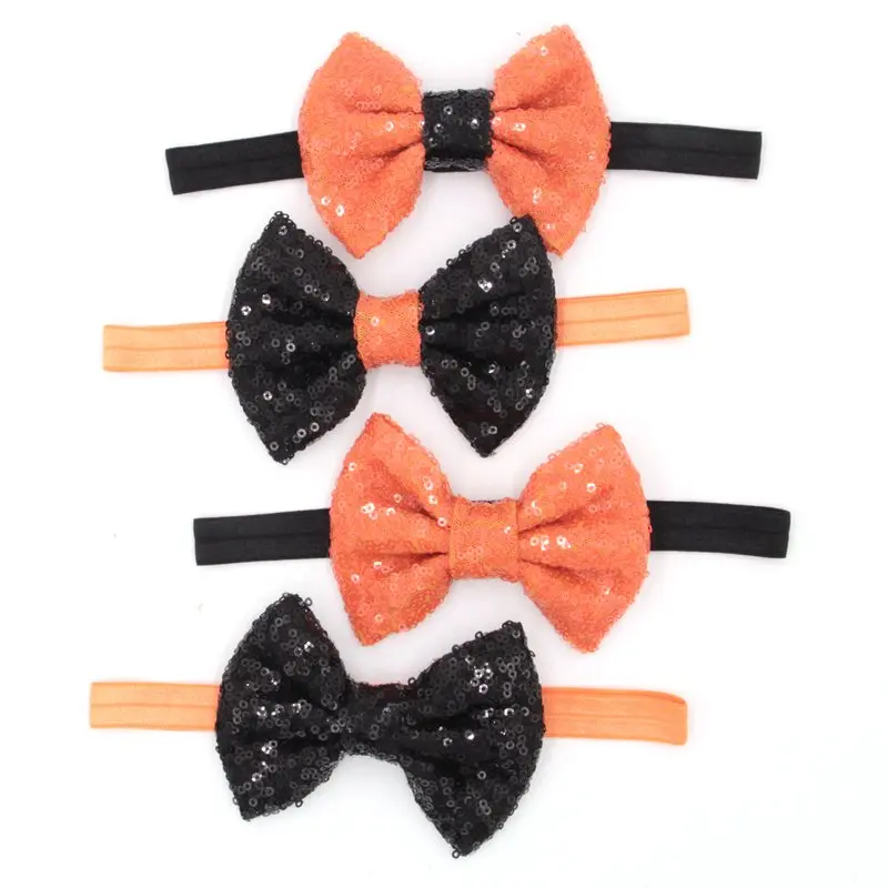 

12 шт./лот 4 ''бант с пайетками и 15 мм однотонная повязка на голову Хэллоуин фестиваль смешанных цветов повязка на голову аксессуары для волос ...