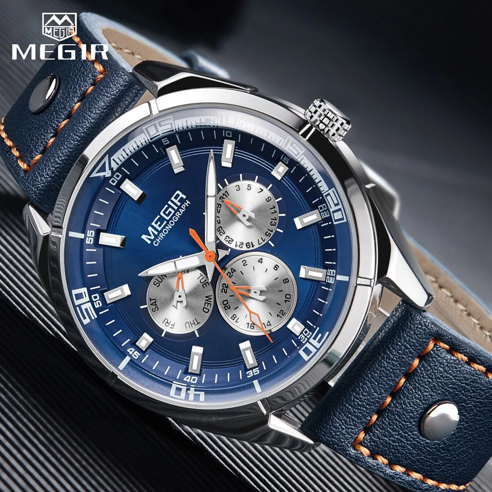 Мужские кварцевые наручные часы MEGIR роскошные с отображением дня недели и