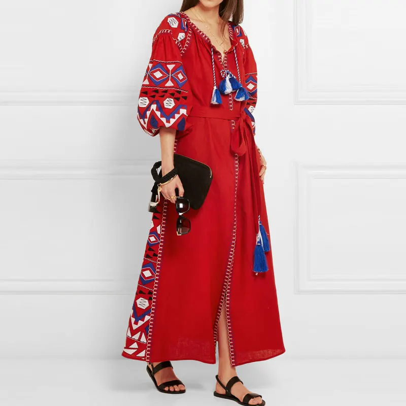 Новинка 2018 богемное хлопковое и льняное платье макси с вышивкой бахромой
