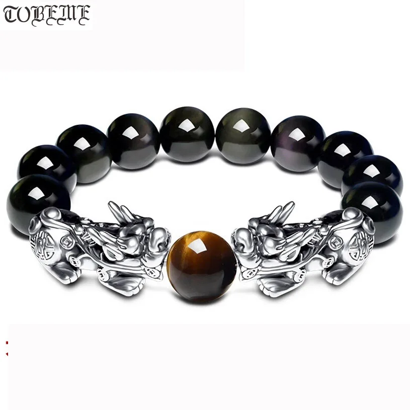 

3D 999 Silver Pixiu Beads Bracelet Obsidian Tiger Eye Beaded Wealth Pixiu Bracelet Fengshui Good Luck Bracelet