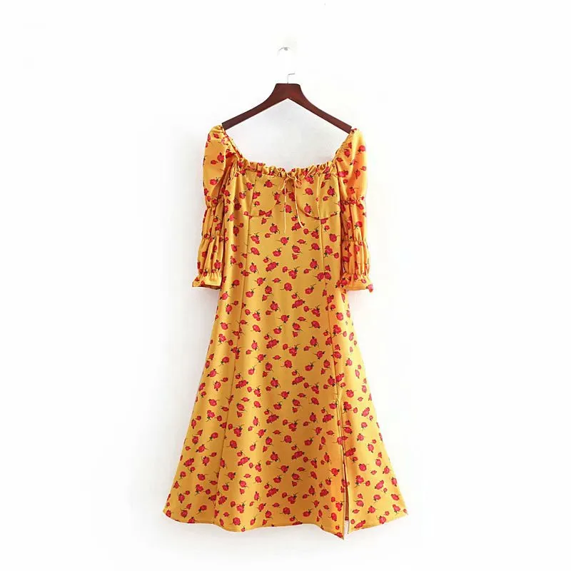 

2019 Women Summer Sexy Bohemian Beach Dresses Korean Casual Print Chiffon Party Yellow Dress