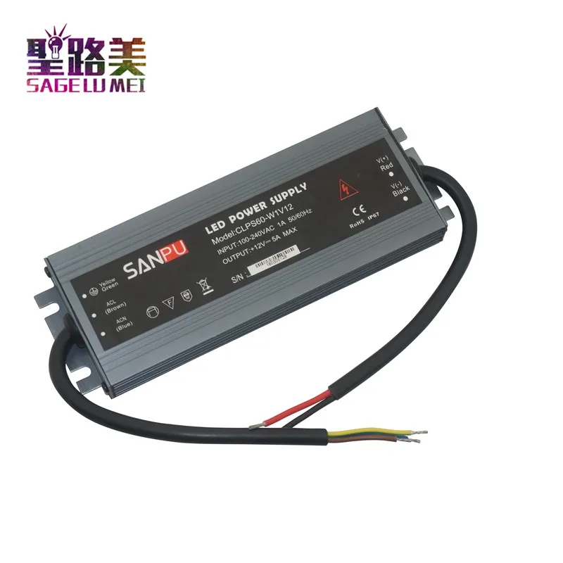 Ультратонкий водонепроницаемый 110 V 220 V AC к DC 12 V 24 V 60 W Светодиодный источник питания наружный трансформатор алюминиевый сплав 12 V 5A светодиодный драйвер